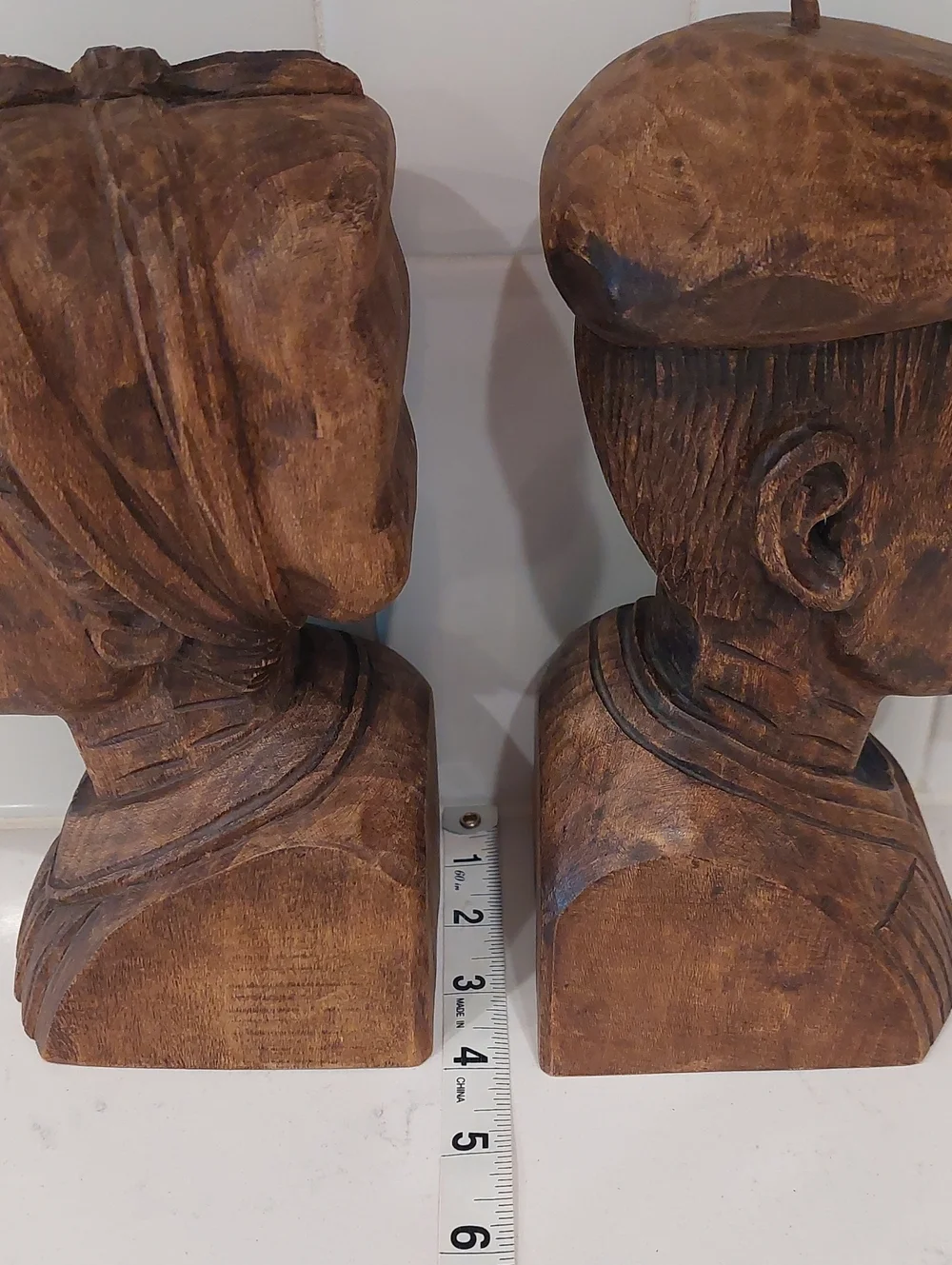 Hand Carved J. Alberdi Wooden Couple Bust Sculptures/Bookends
